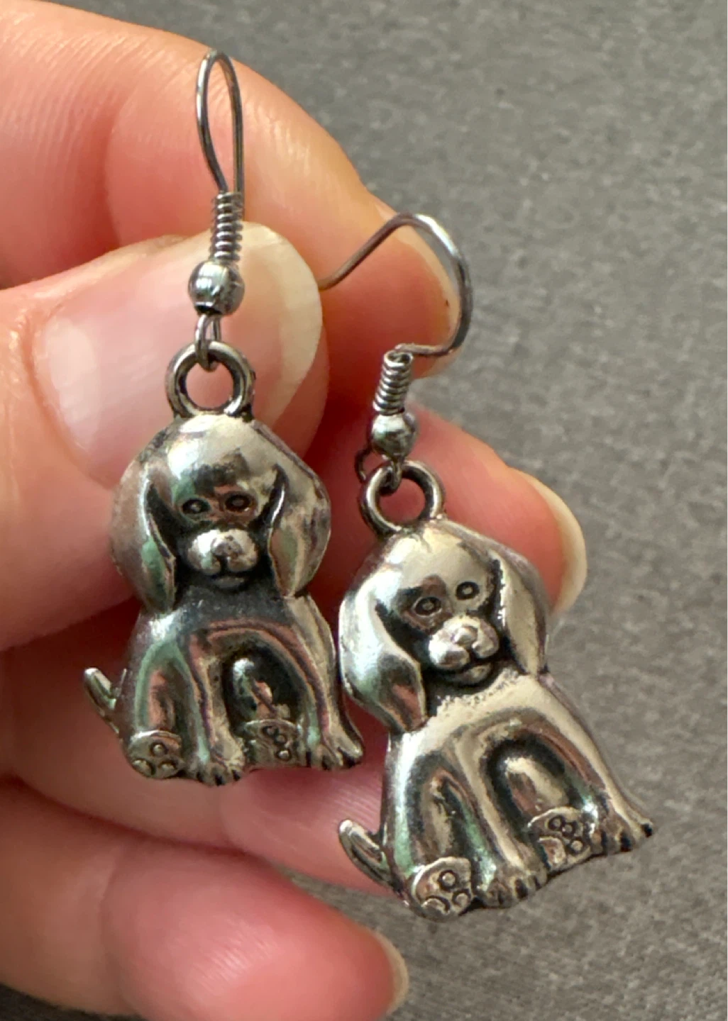 Silver Tone heavy metal Sitting Puppy Dangle Earrings