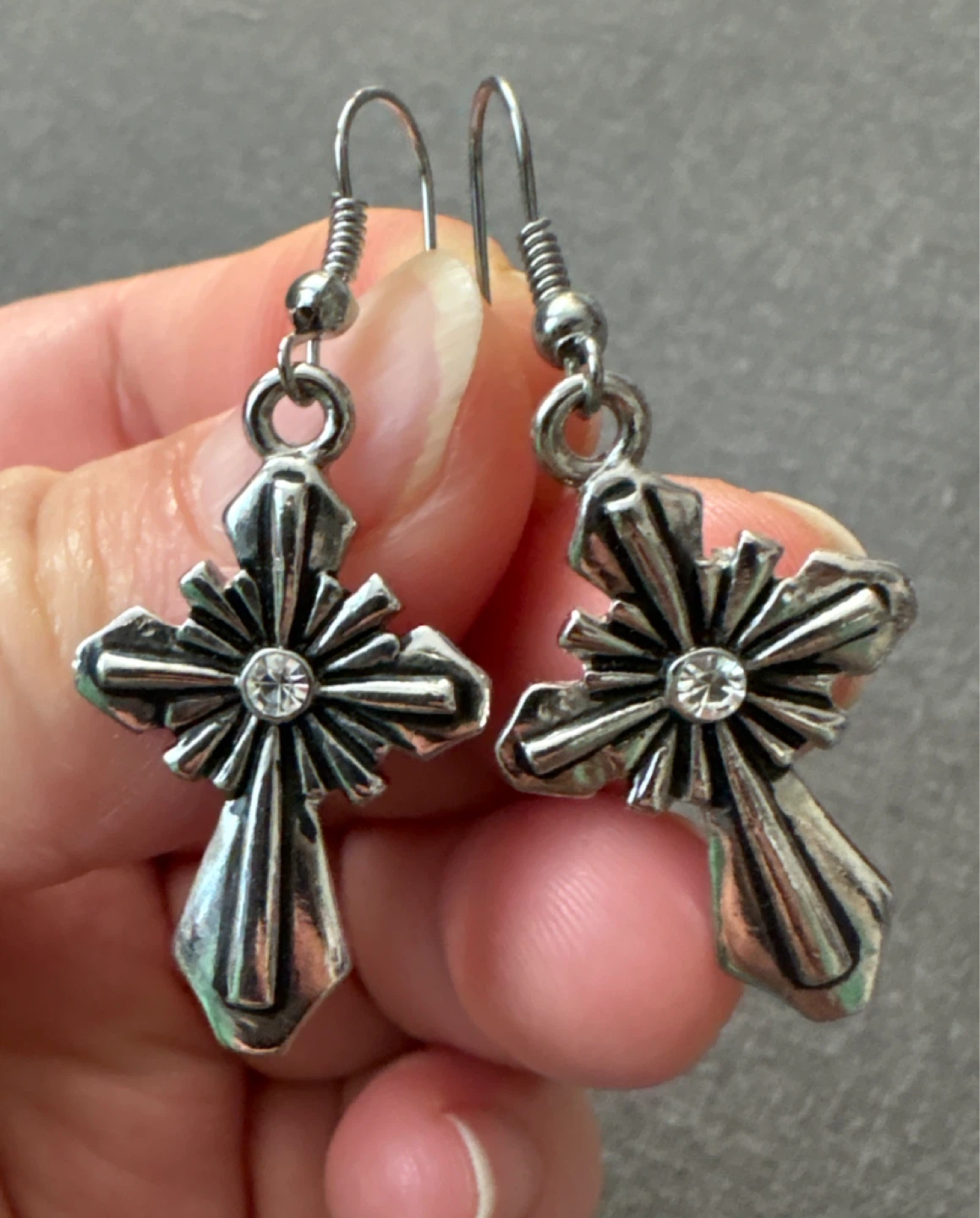 Silver-tone heavy metal Cross Dangle Earrings with Clear Stone