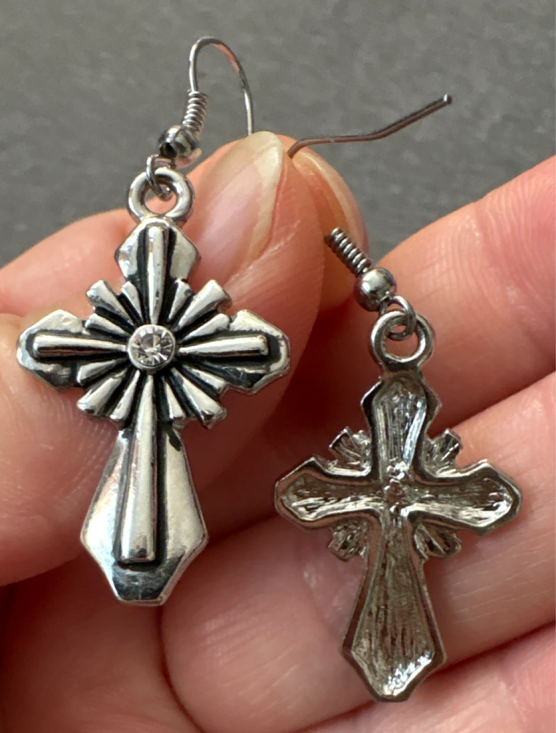 Silver-tone heavy metal Cross Dangle Earrings with Clear Stone - photo 2