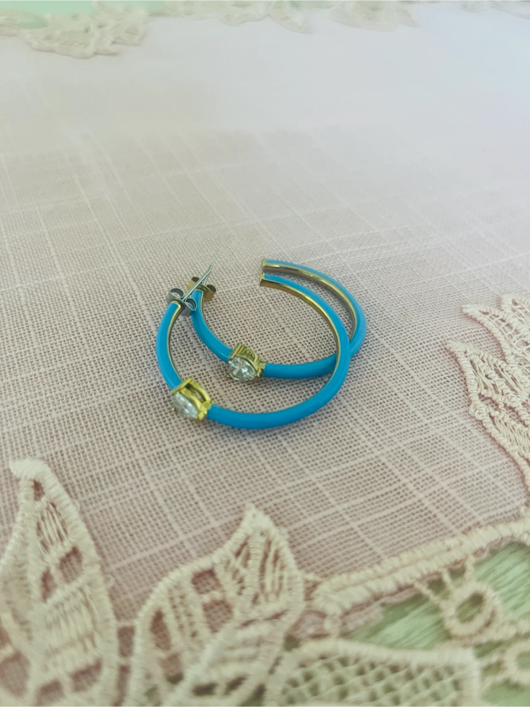 New, blue/gold rhinestone hoop earrings