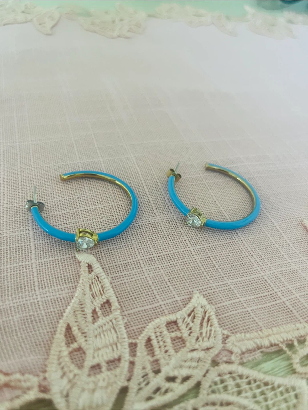 New, blue/gold rhinestone hoop earrings - photo 2