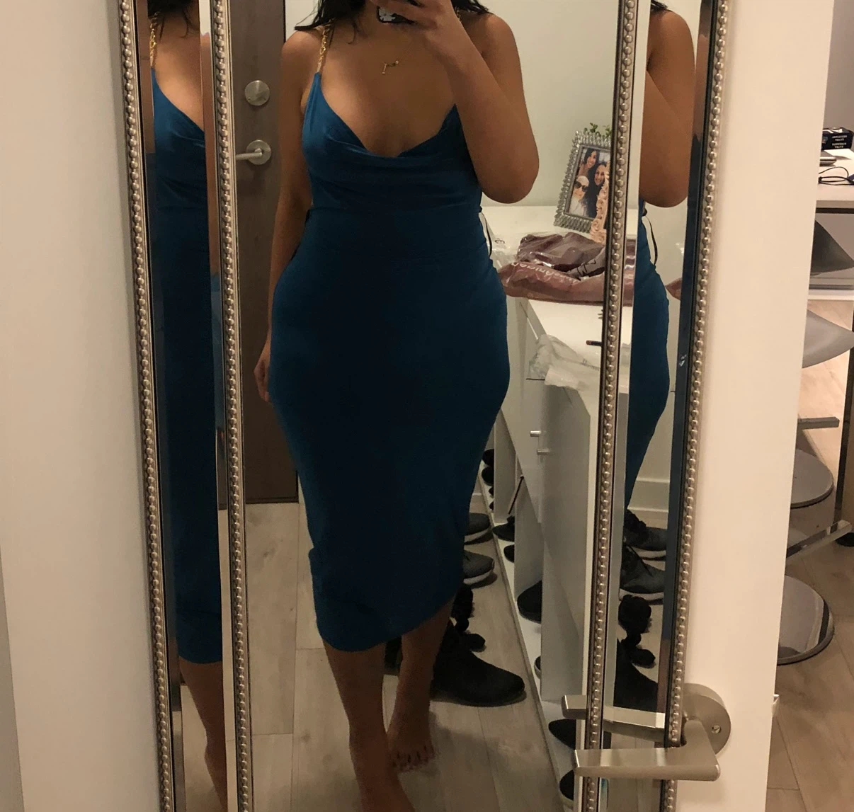 Teal Midi Dress with Gold Chain Back - photo 2