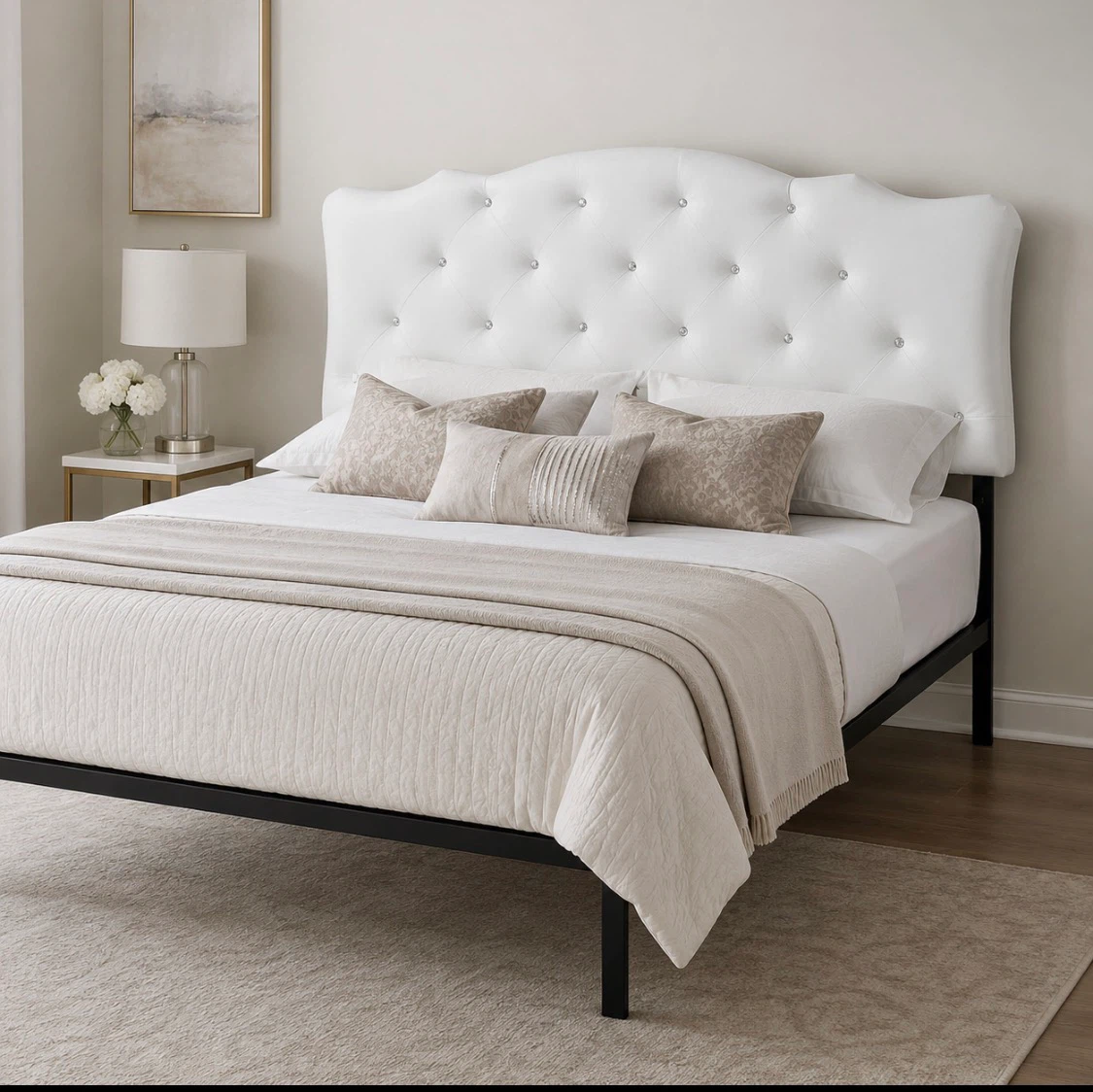 New Queen Size White Upholstered Button Tufted Headboard