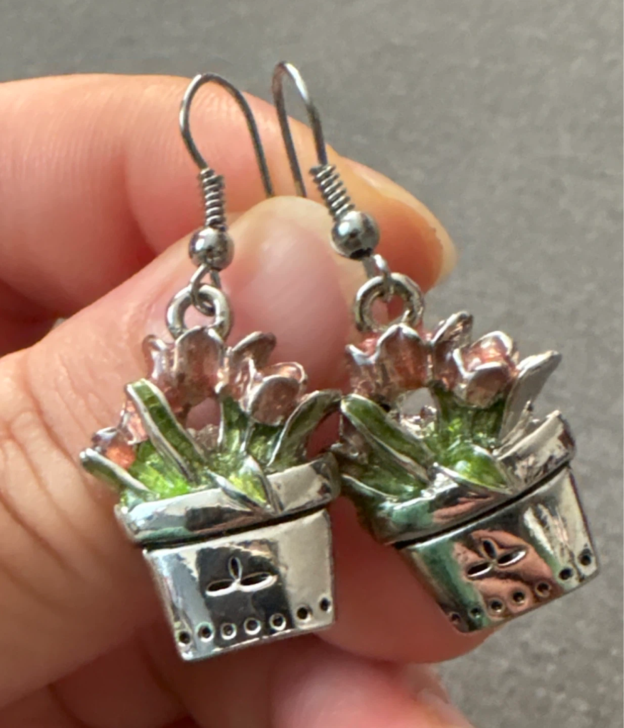Silver tone heavy metal Plant Pot Dangle Earrings