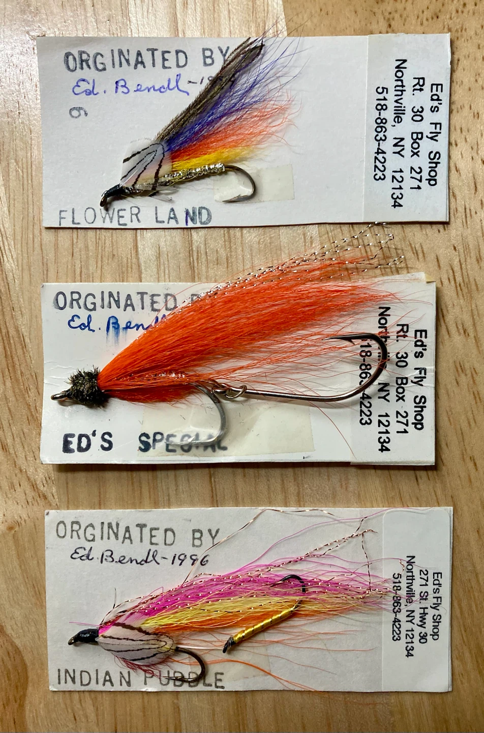 3 hand made fishing lures from Ed’s fly shop