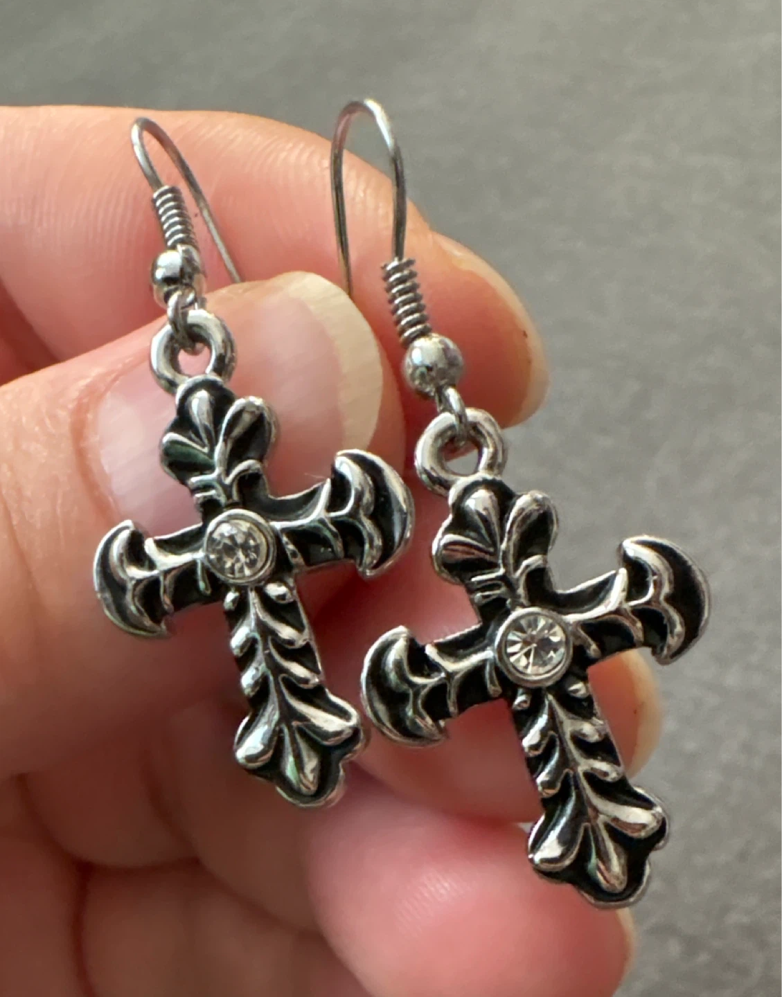 Silver tone heavy metal  cross dangle earrings