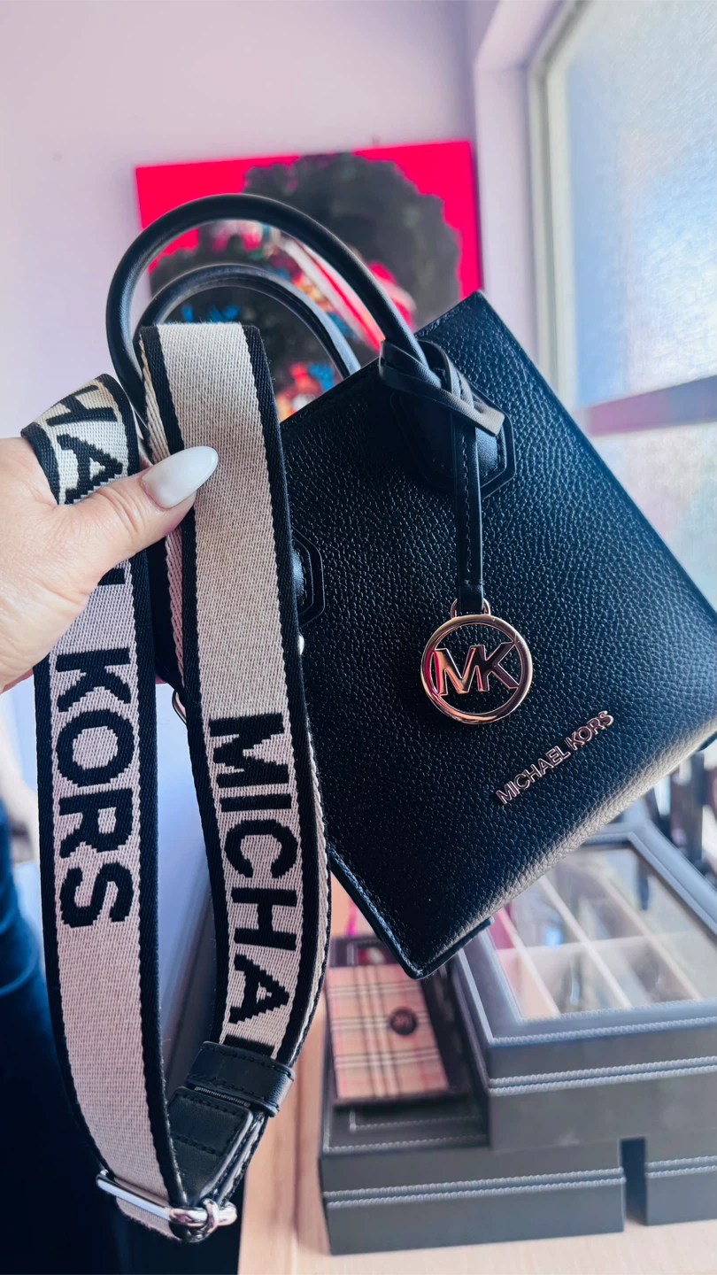 Michael Kors Black Leather Tote Bag with Logo Strap