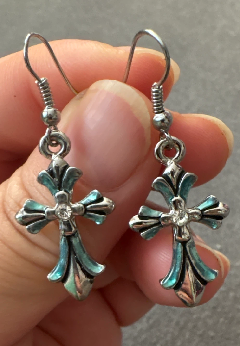 Silver tone heavy metal Cross Dangle Earrings with Blue Accent