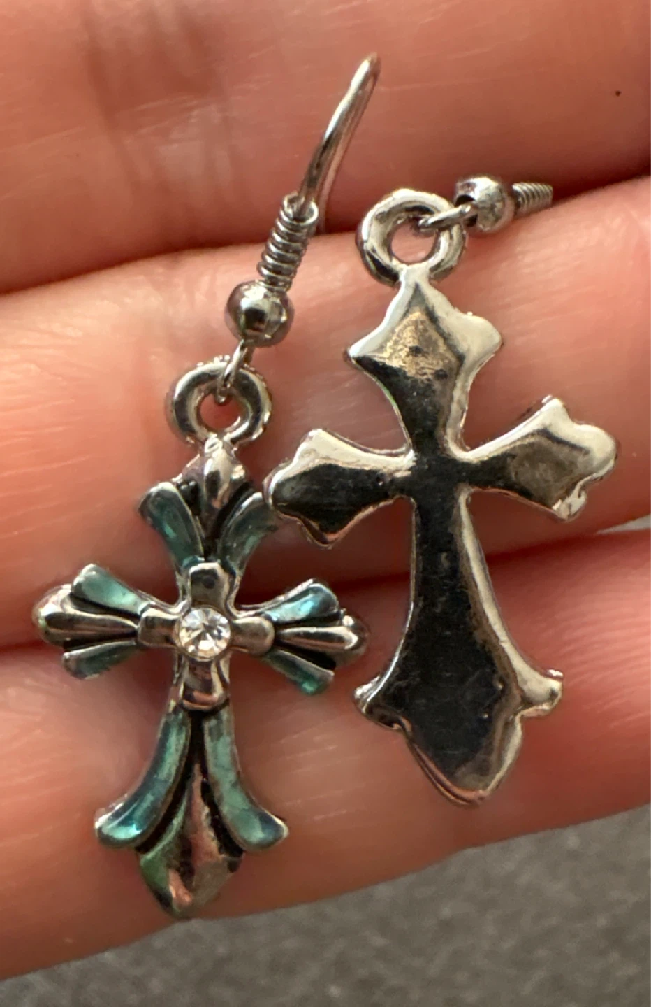 Silver tone heavy metal Cross Dangle Earrings with Blue Accent - photo 2