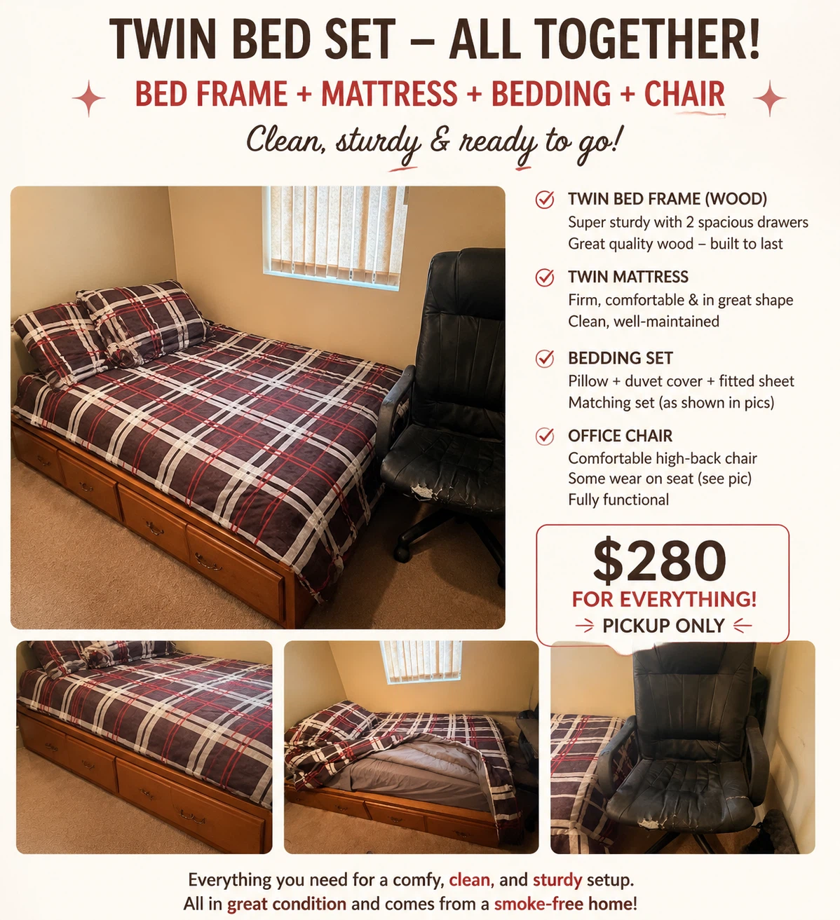 Twin Bed Set with Frame, Mattress, Bedding & Chair