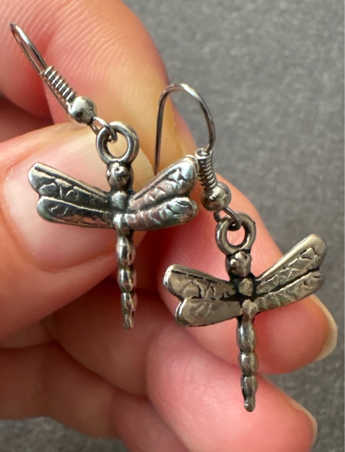 Silver tone charm Dragonfly dangle earrings