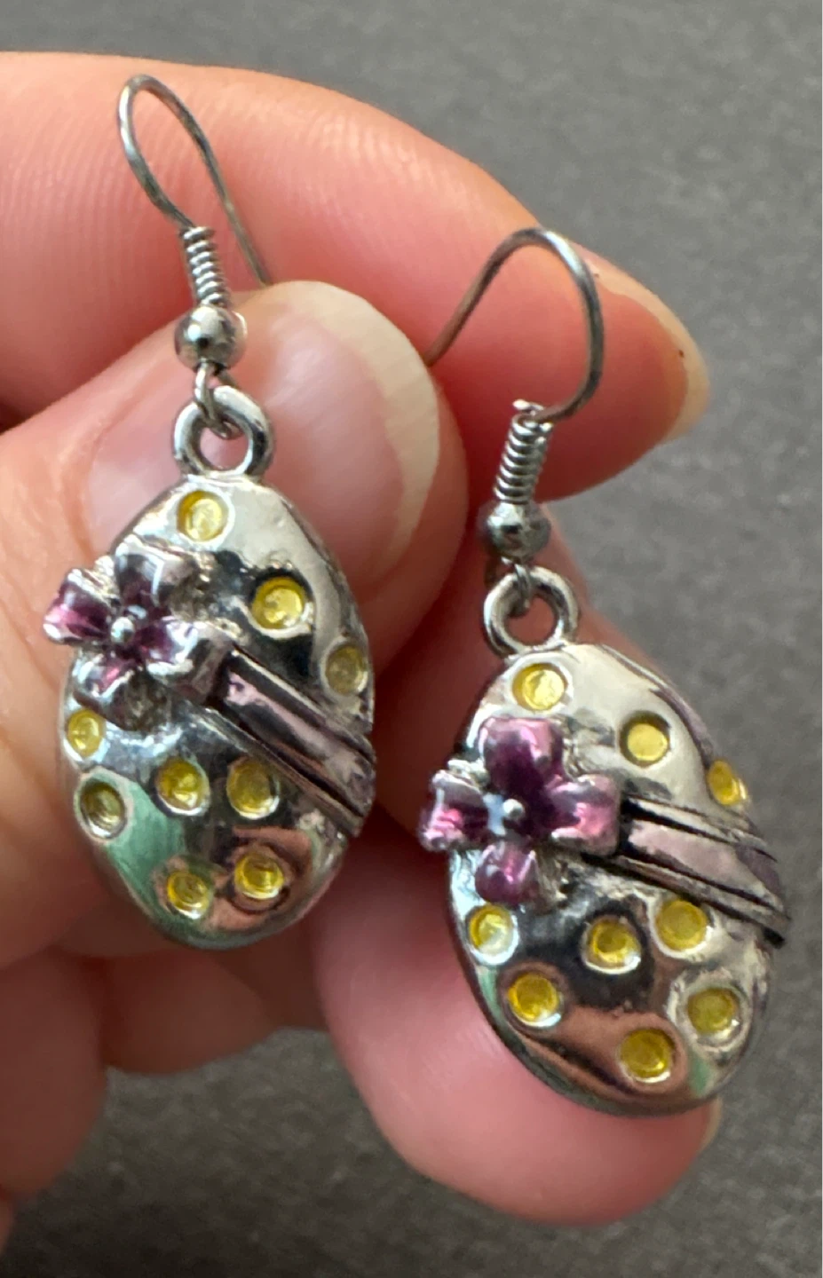Heavy metal silver tone Easter Egg charm Earrings