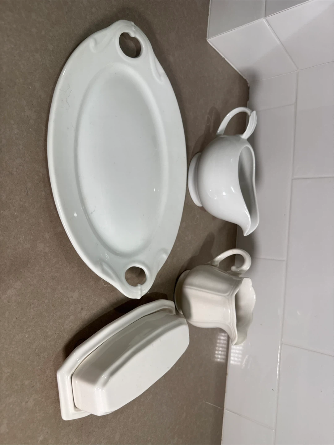 White Ceramic Gravy Boat and Butter Dish