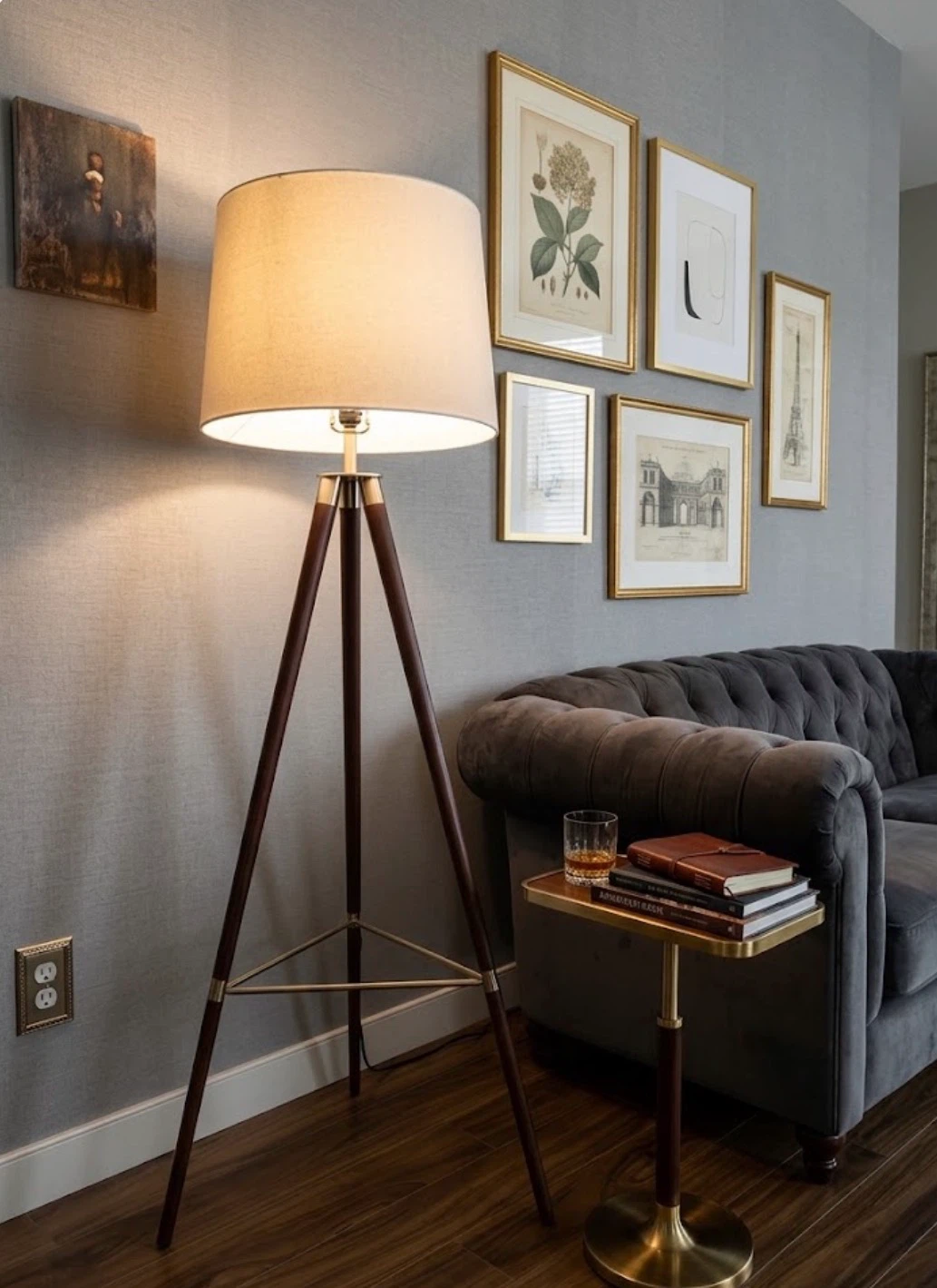 Mid-Century Modern Tripod Floor Lamp – Walnut & Antique Brass