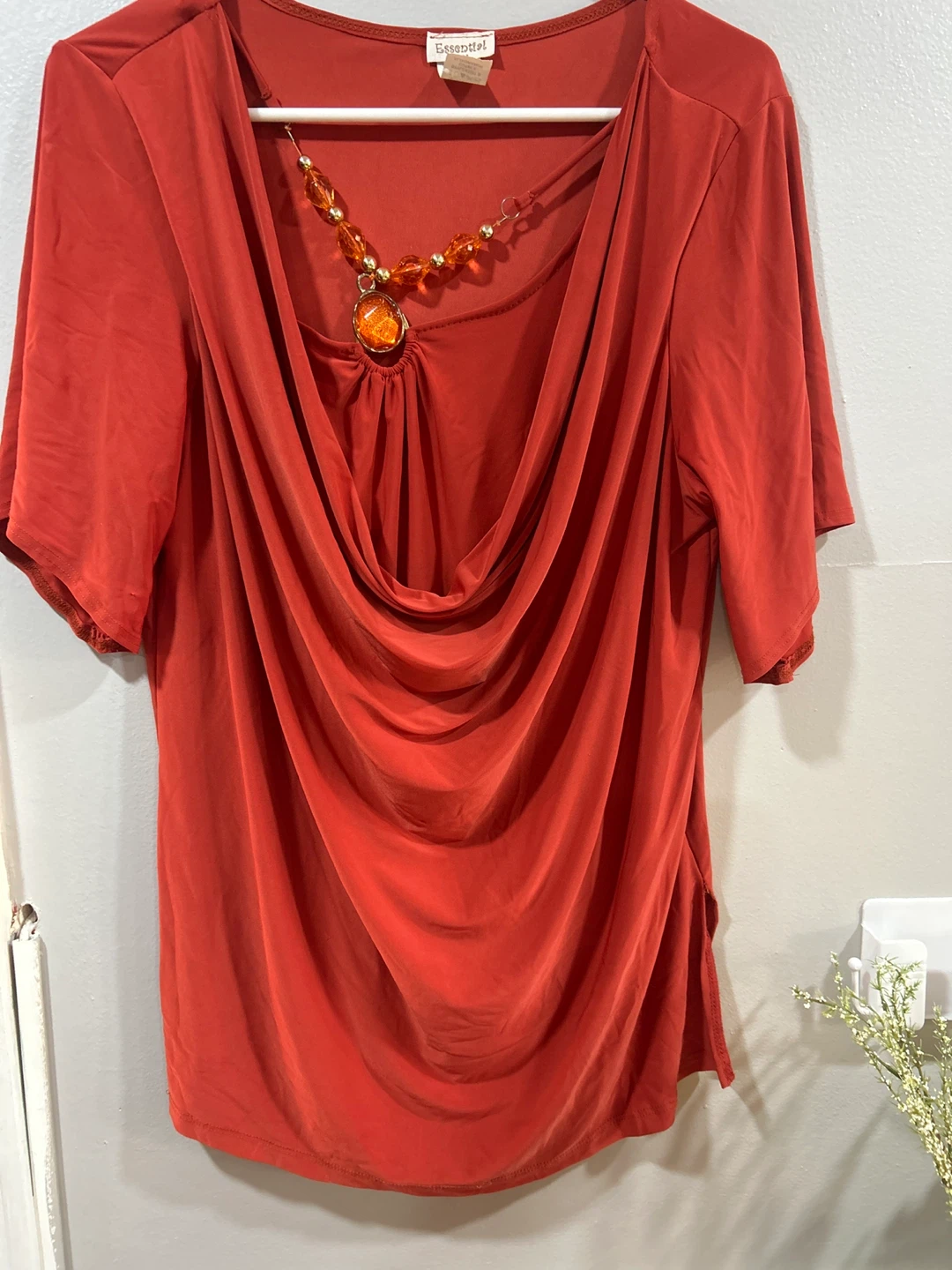 Essential Women's XL Orange Drape Neck Top with Necklace