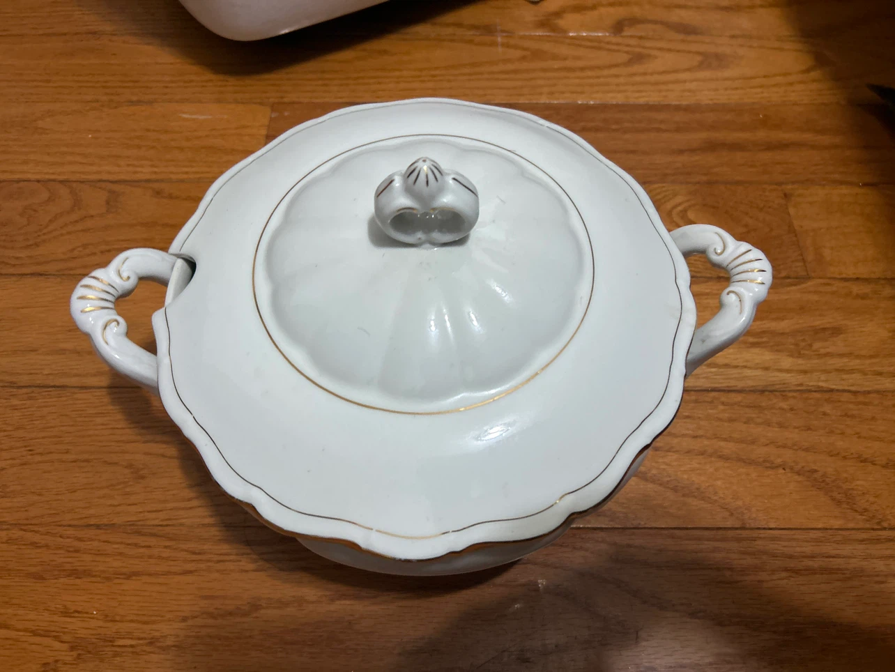 White Ceramic Soup Tureen with Gold Trim