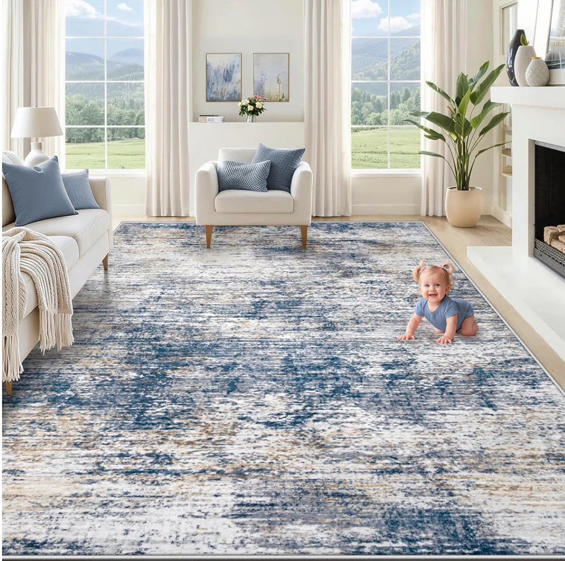 8x10 Abstract Blue and Gold Washable Area Rug