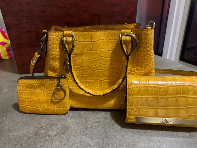 Yellow Croc-Embossed Handbag, Wallet & Coin Purse Set