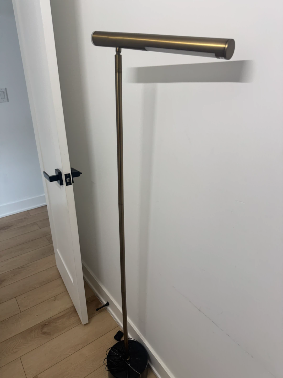 Modern brass floor lamp with black base