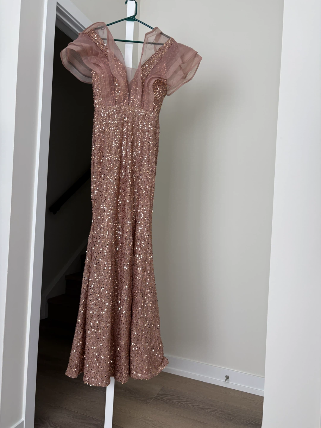Sequin Embellished V-Neck Gown with Ruffled Sleeves - photo 2