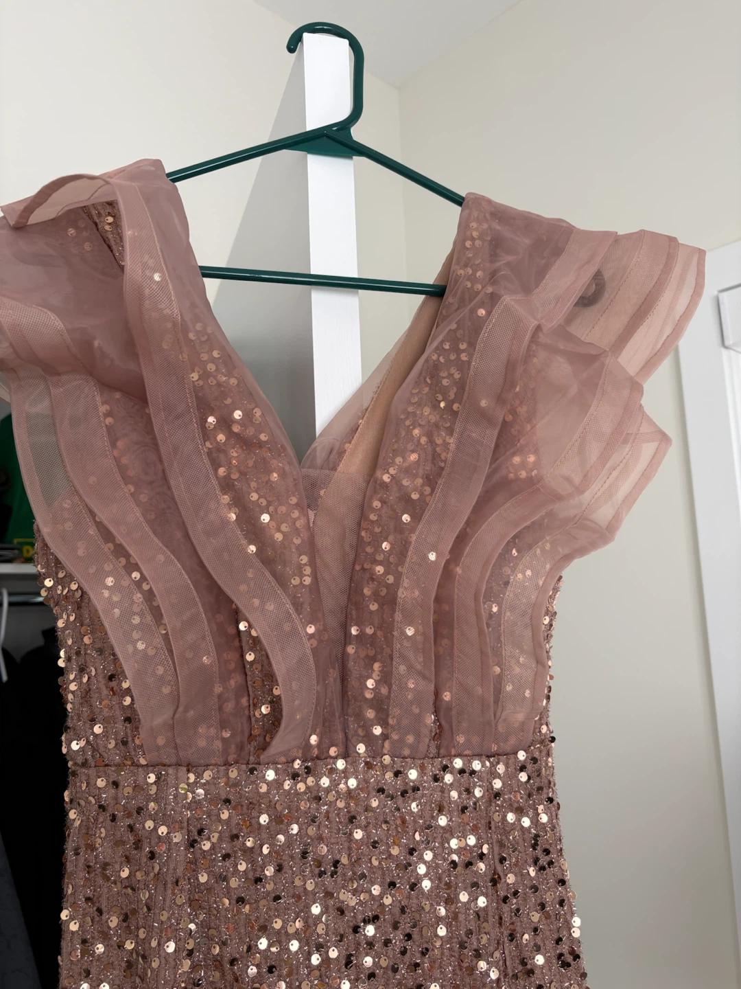 Sequin Embellished V-Neck Gown with Ruffled Sleeves - photo 3