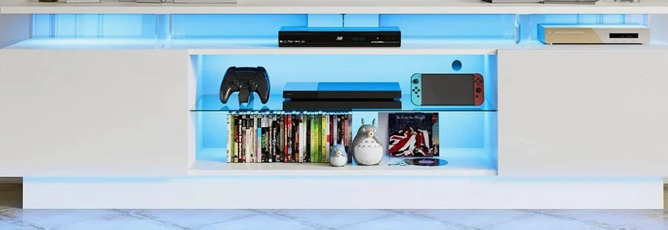 White Media Console with Blue LED Lighting