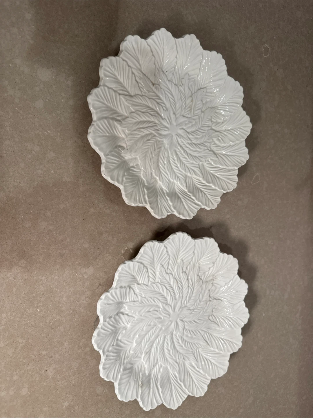 Set of 2 White Leaf Design Ceramic Plates