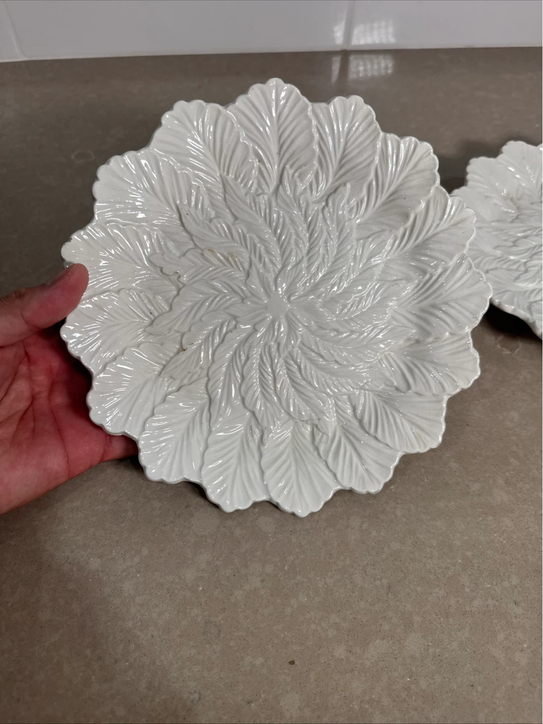 Set of 2 White Leaf Design Ceramic Plates - photo 2