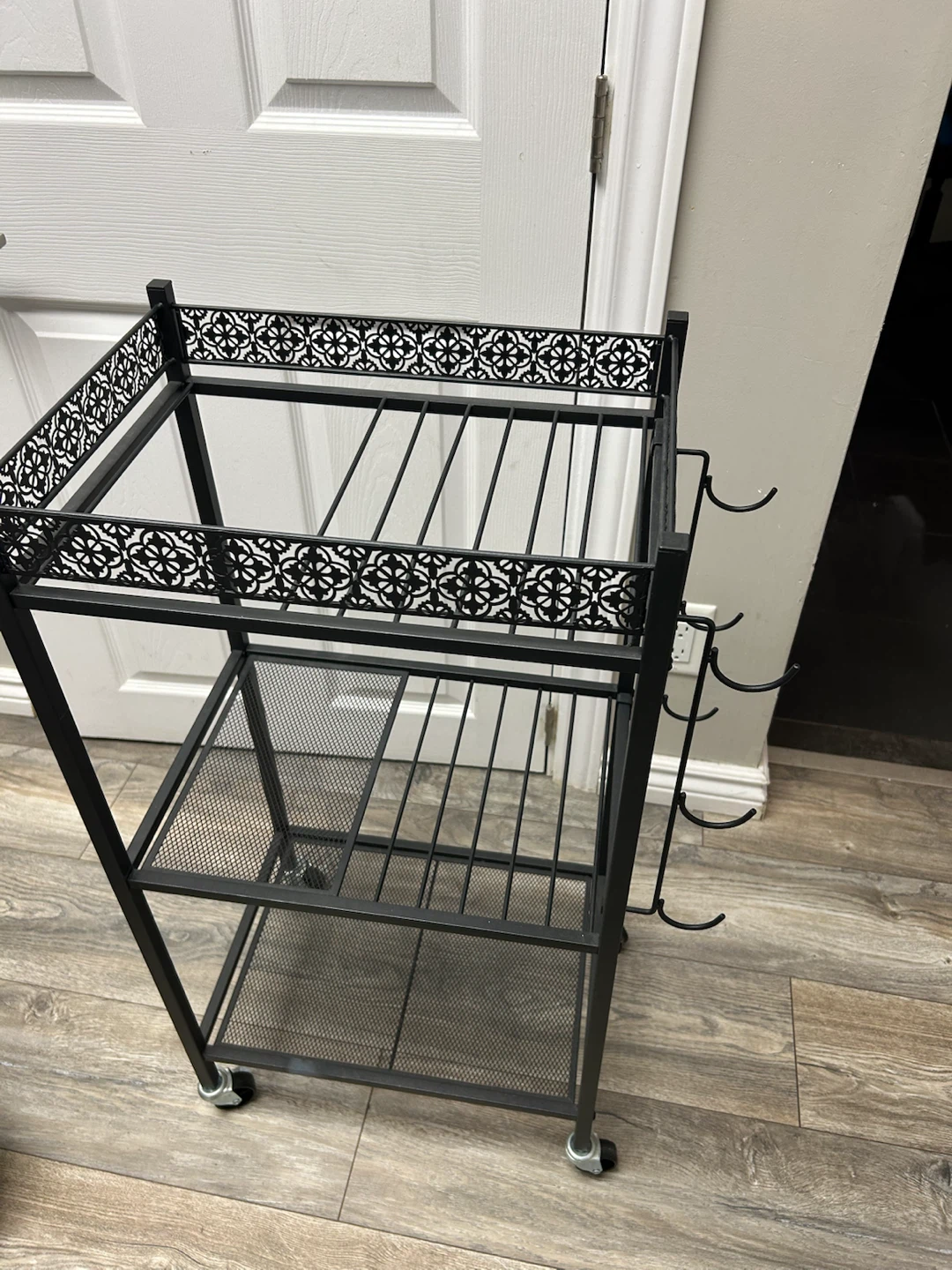 Black Metal Rolling Utility Cart with Hooks