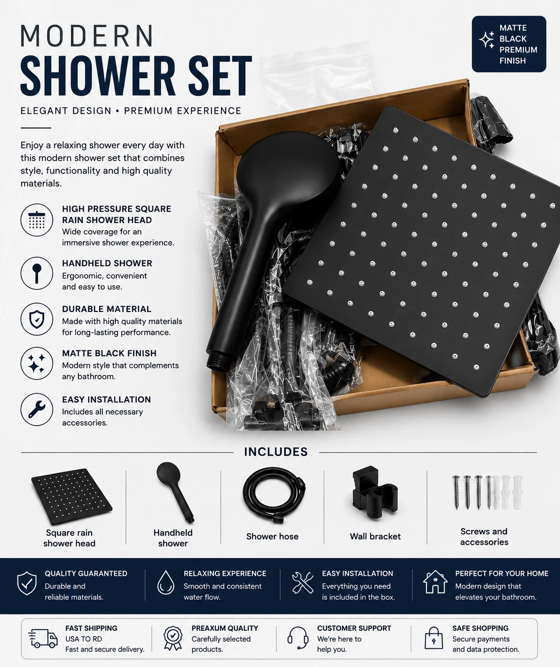 Modern Matte Black Square Shower Set with Handheld Shower