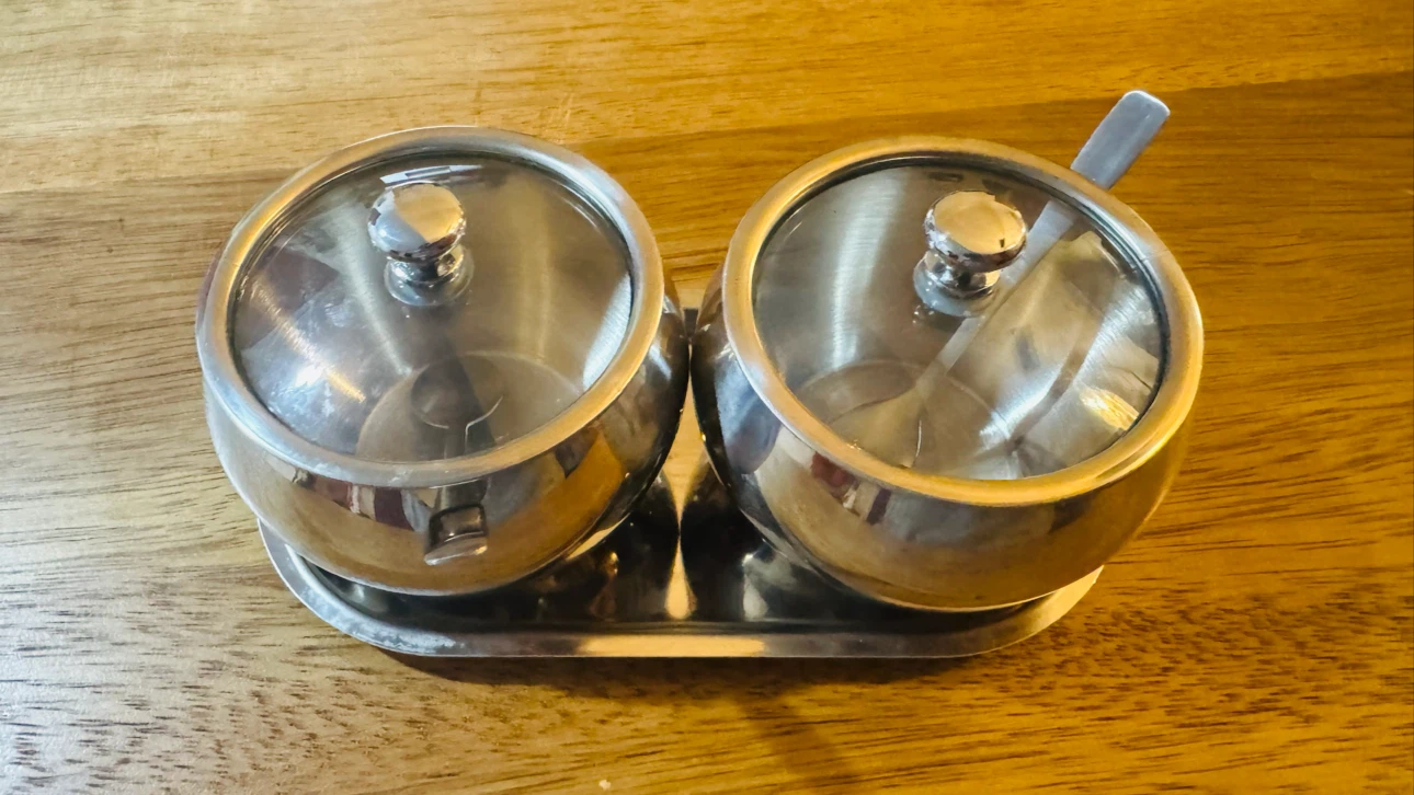 Stainless Steel Double Sugar Bowl with Lids and Spoons