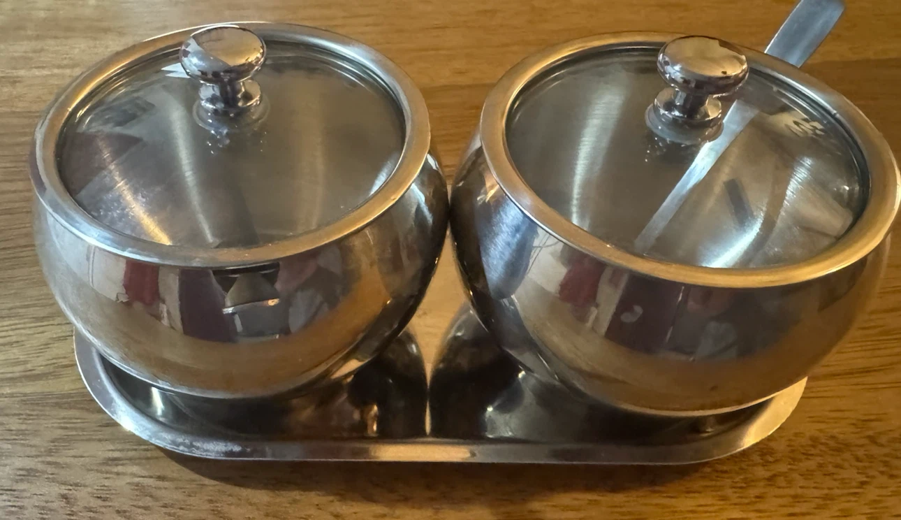 Stainless Steel Double Sugar Bowl with Lids and Spoons - photo 2