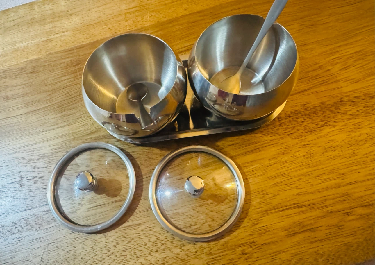 Stainless Steel Double Sugar Bowl with Lids and Spoons - photo 3