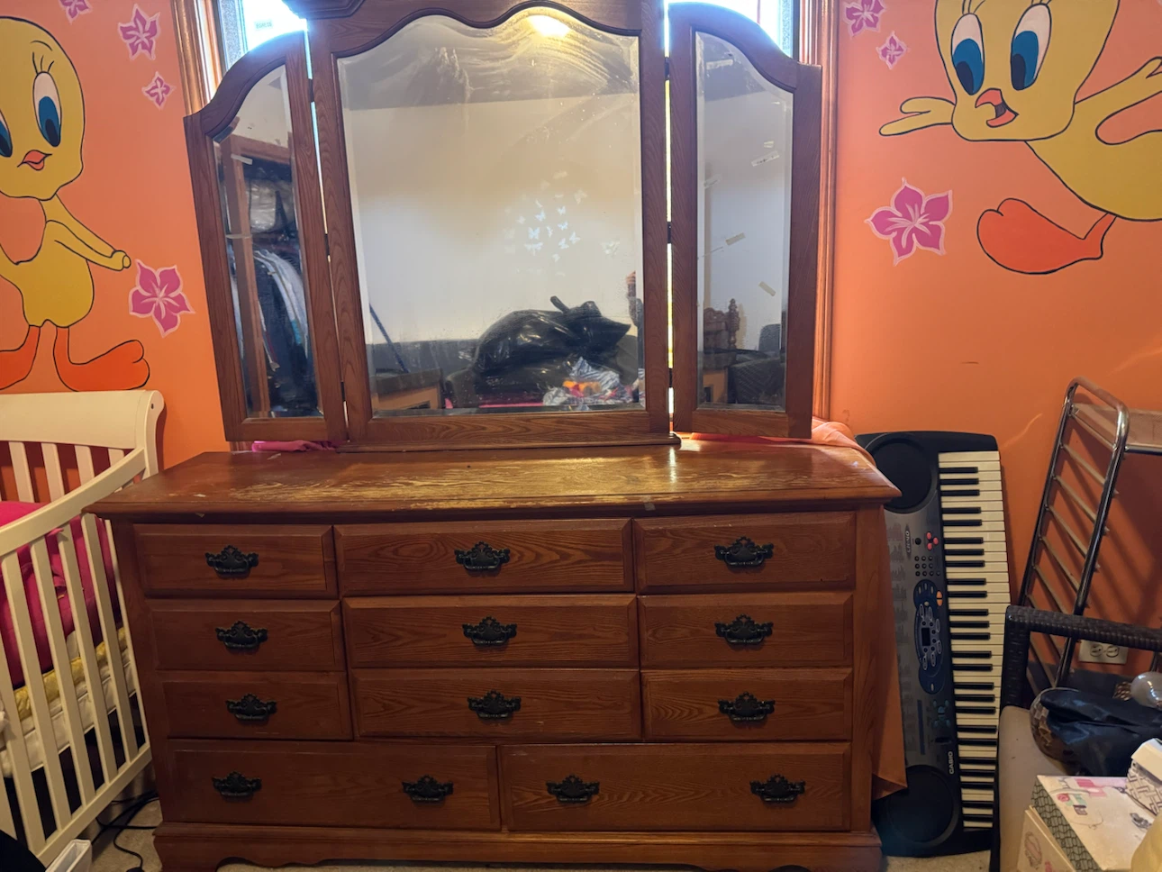 Wooden Dresser with Tri-Fold Mirror