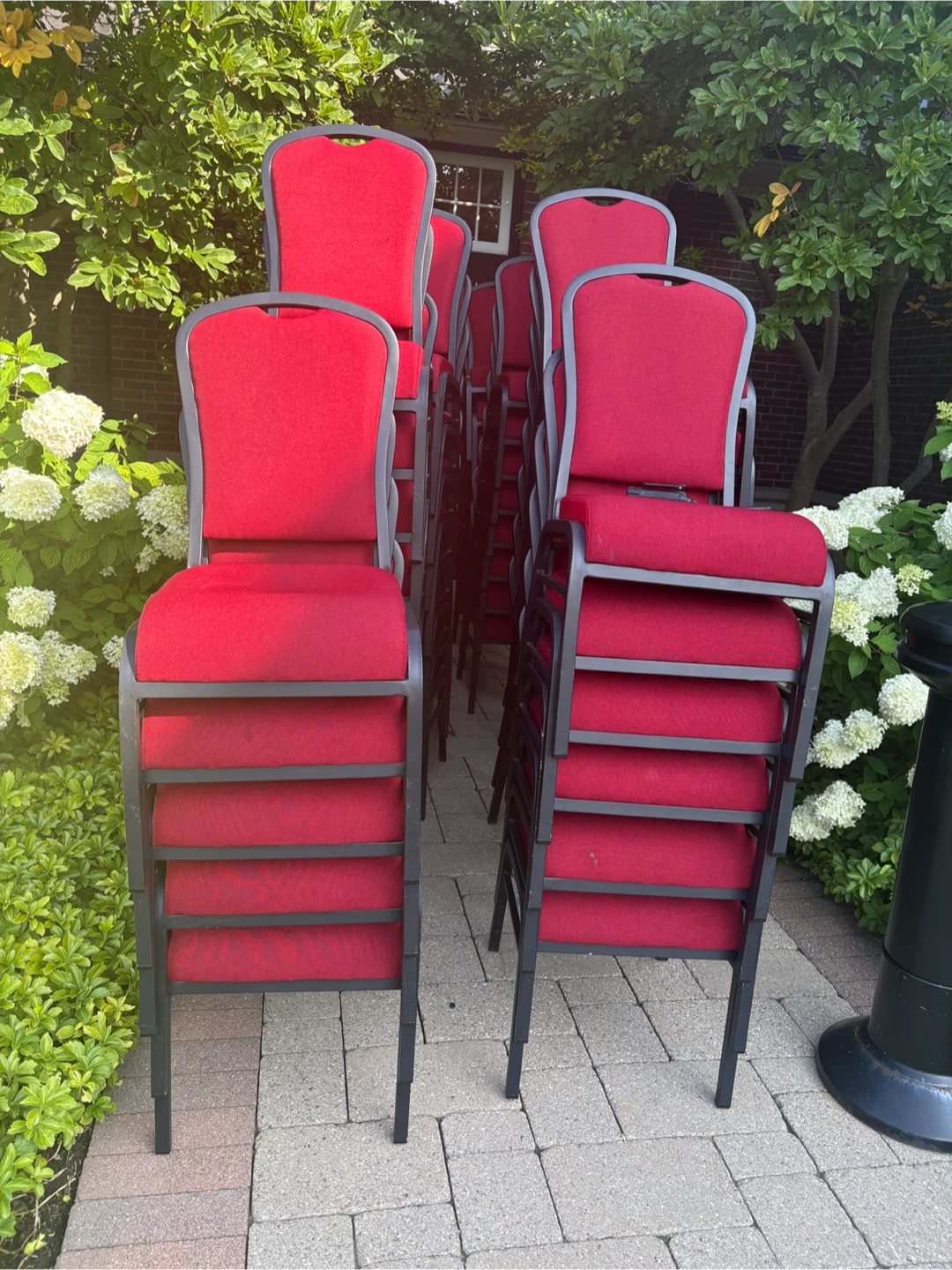 Stacking Chairs - Red Fabric & Metal Frame