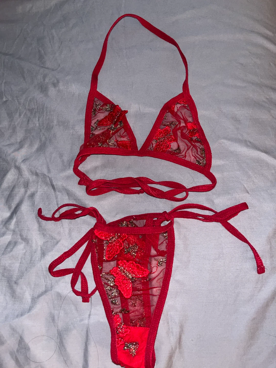 Red Floral Mesh Lingerie Set