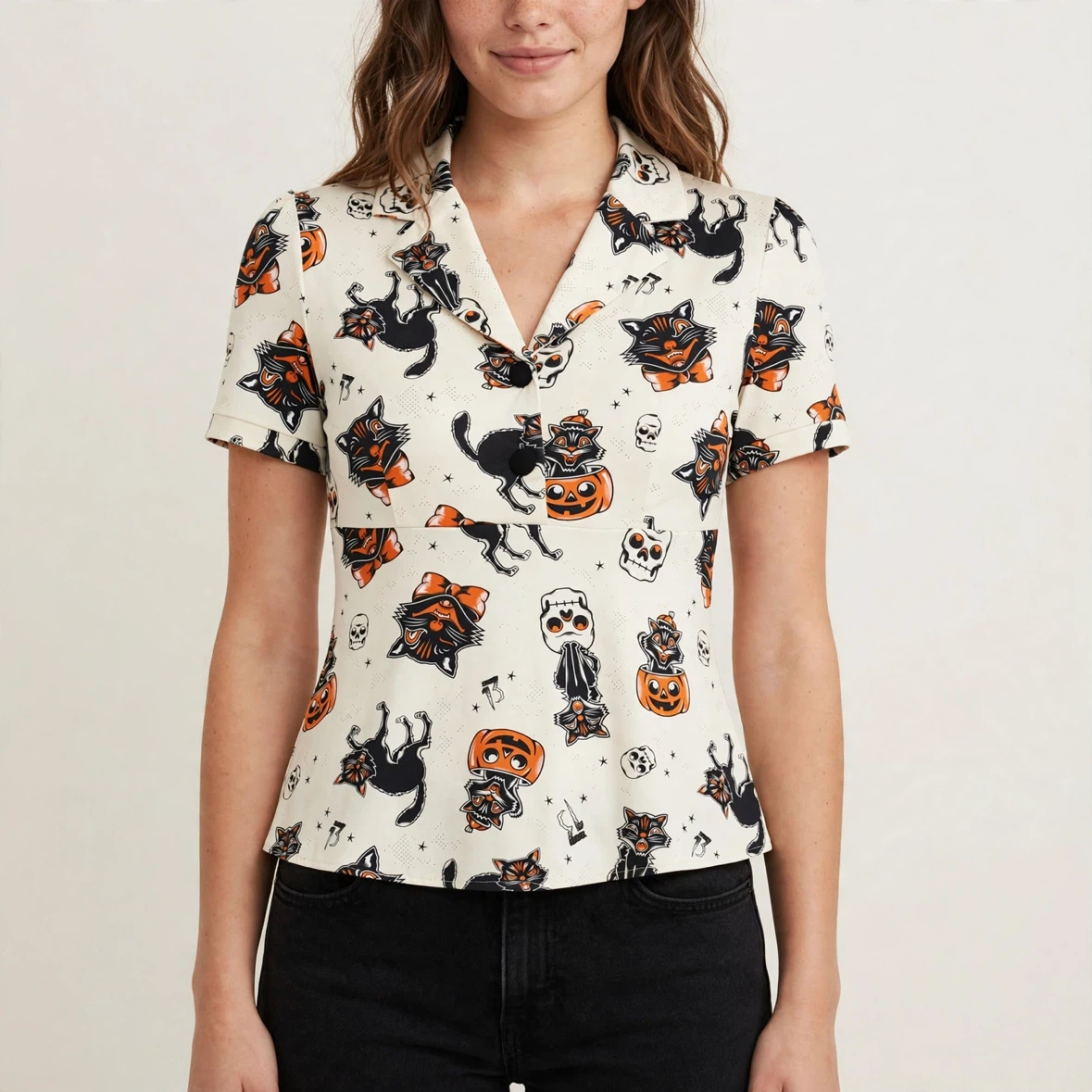 Sourpuss Black Cat Halloween Retro Peplum Polo Shirt Sz S