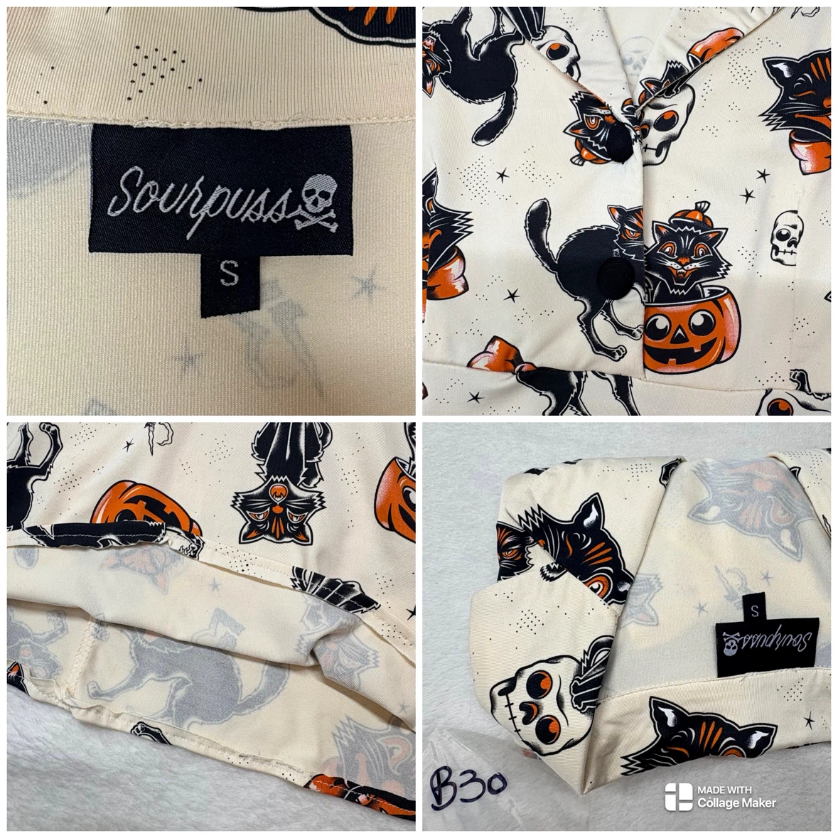 Sourpuss Black Cat Halloween Retro Peplum Polo Shirt Sz S - photo 2