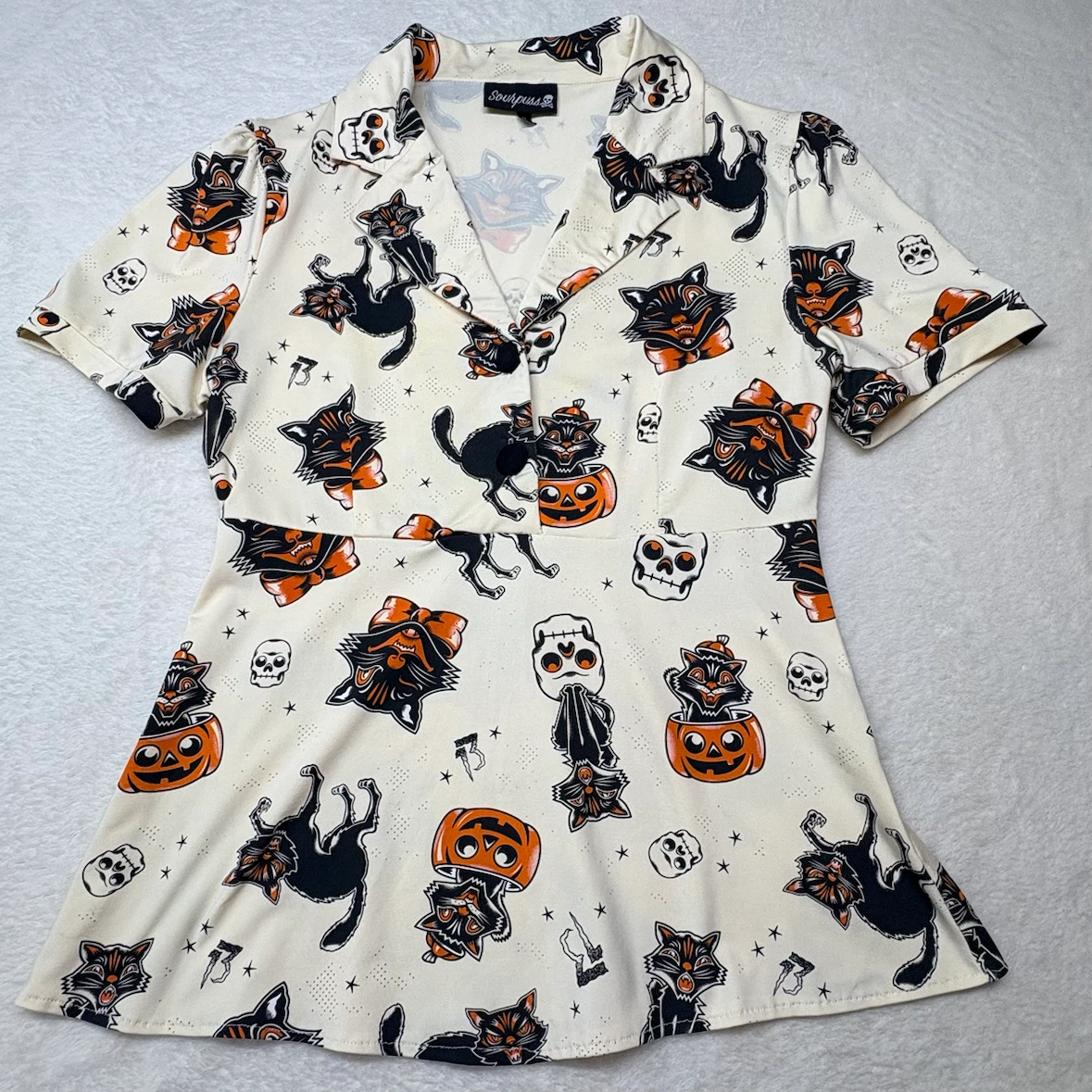 Sourpuss Black Cat Halloween Retro Peplum Polo Shirt Sz S - photo 3