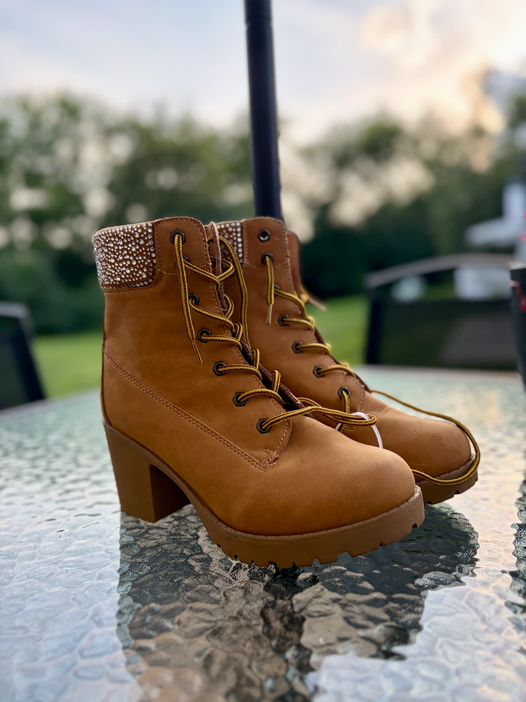 Women's Tan Lace-Up Heel Boots with Rhinestones