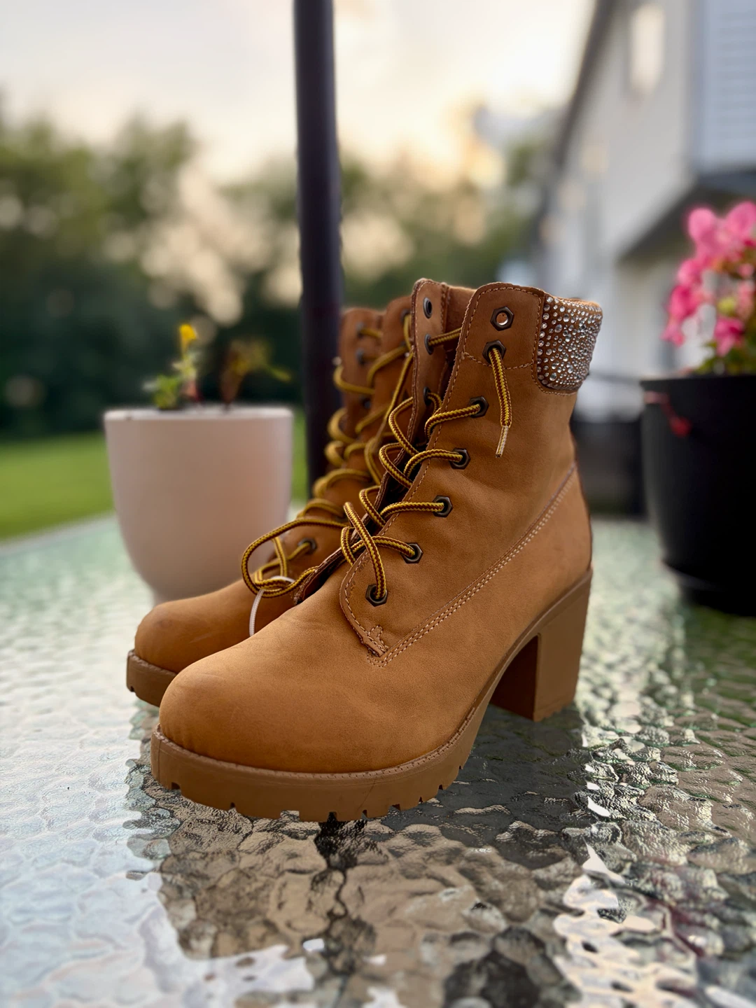 Women's Tan Lace-Up Heel Boots with Rhinestones - photo 3