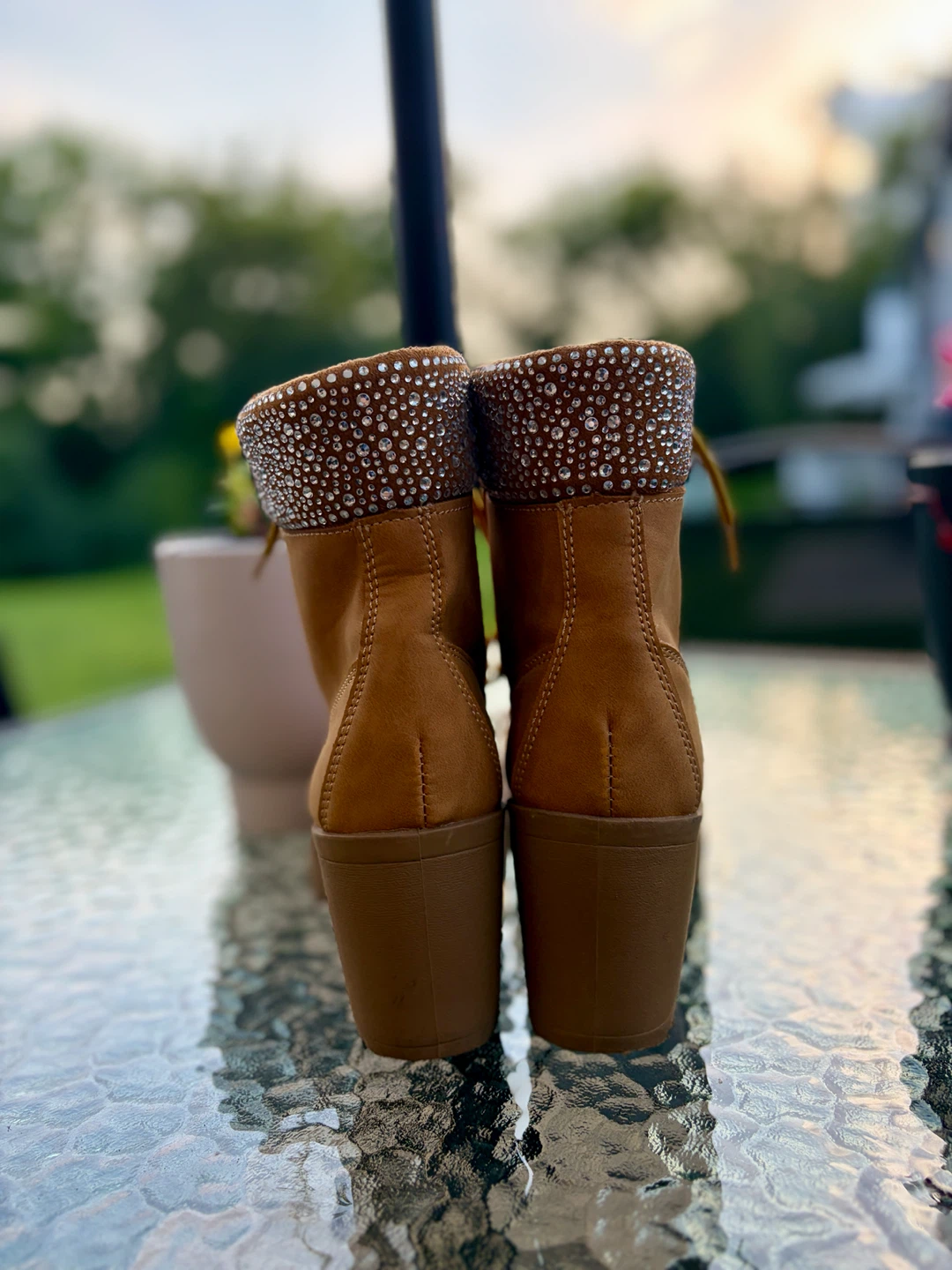 Women's Tan Lace-Up Heel Boots with Rhinestones - photo 4