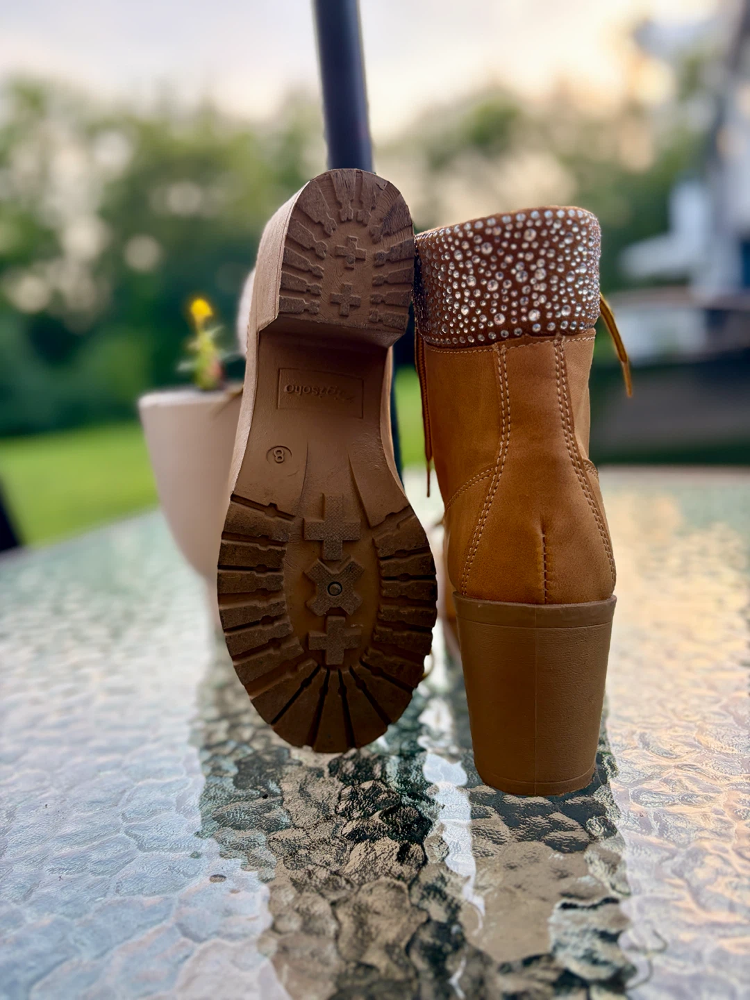 Women's Tan Lace-Up Heel Boots with Rhinestones - photo 5