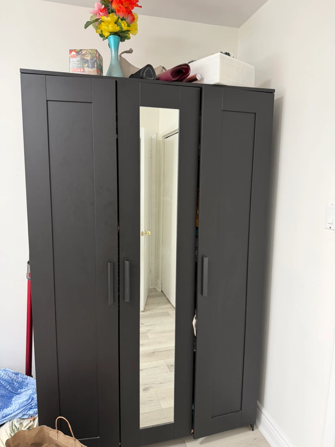 Dark Grey 3-Door Wardrobe with Mirror