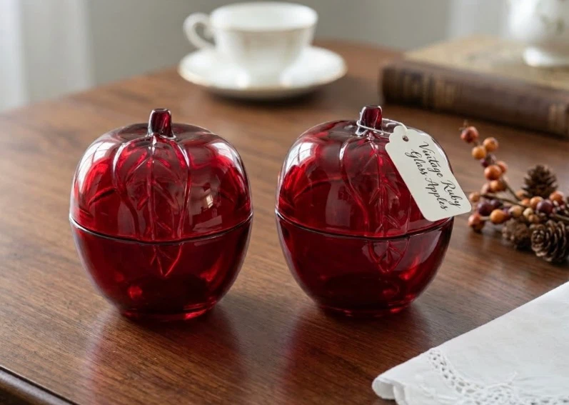 Vintage Partylite Red Glass Apple Votive Candle Holders