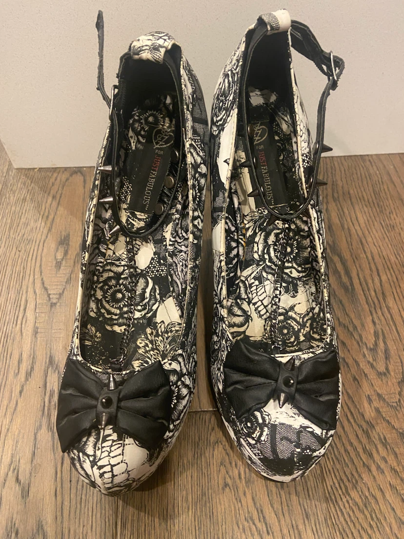 JustFab Black and White Skull Print Spiked Chain Heels 10 - photo 5