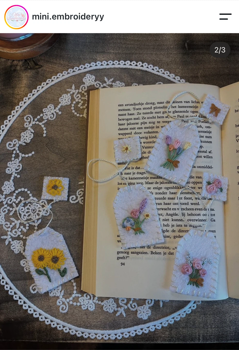 Hand embroidered teabag bookmarks