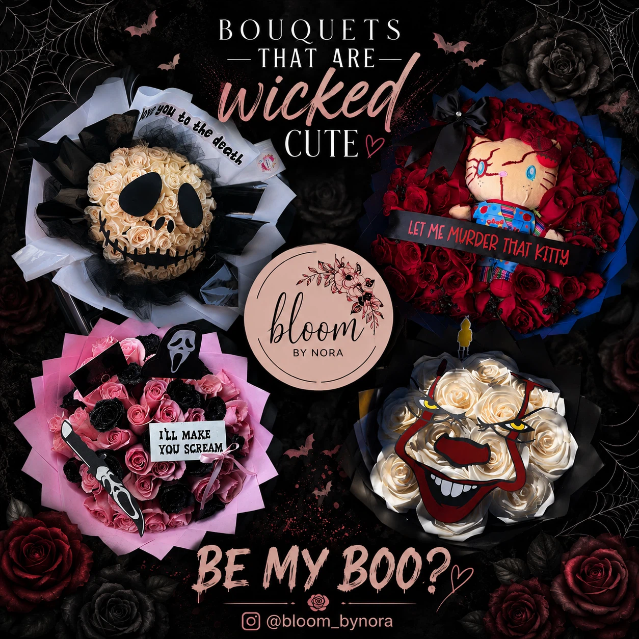 horror character ribbon rose bouquets