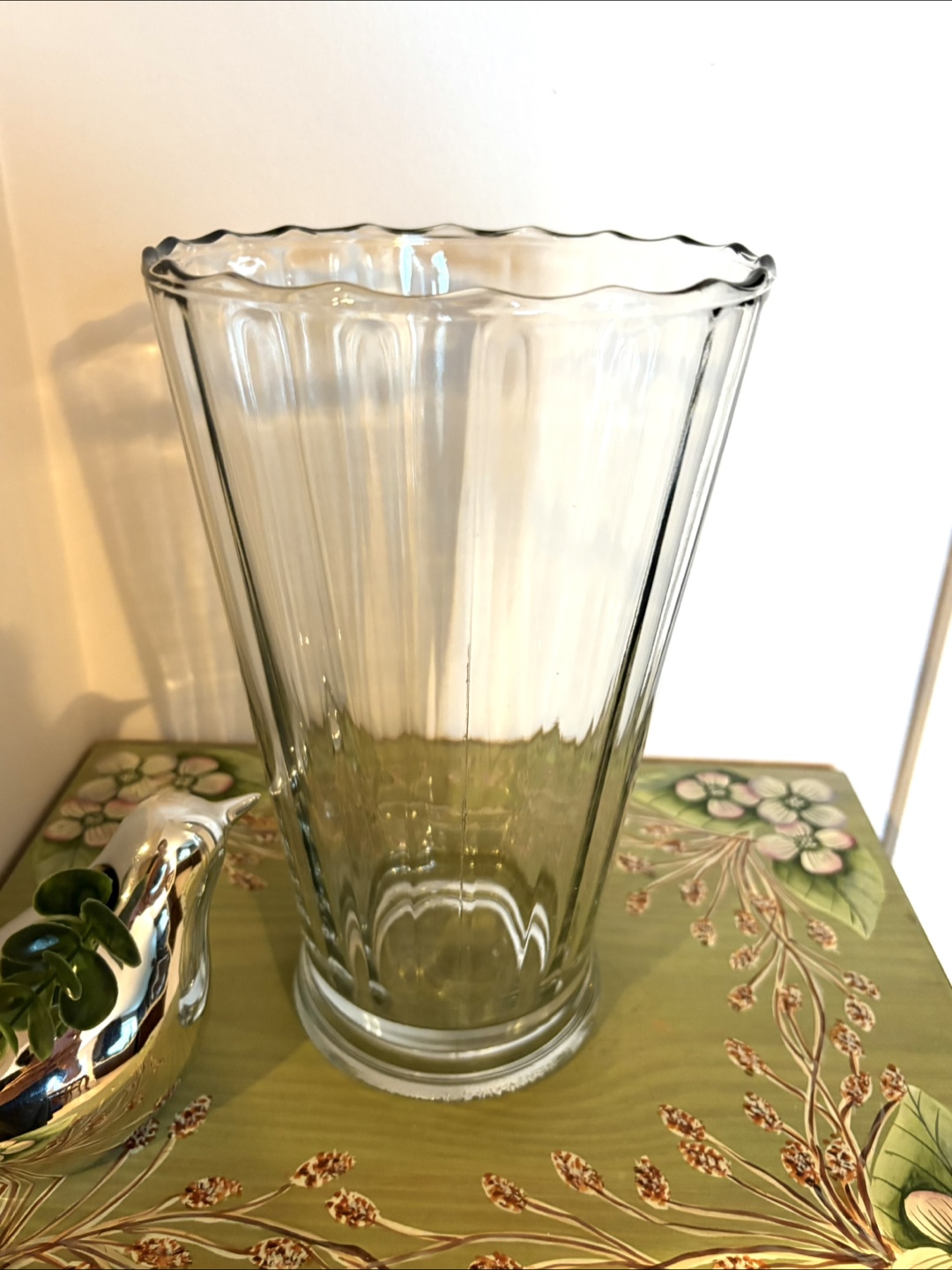 Heavy Thick Fine Clear Glass Vase with Scalloped Rim