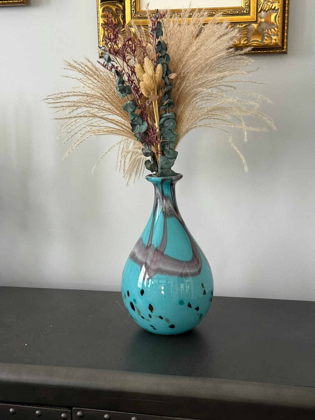 Dried Floral Arrangement in Turquoise Swirl Glass Vase